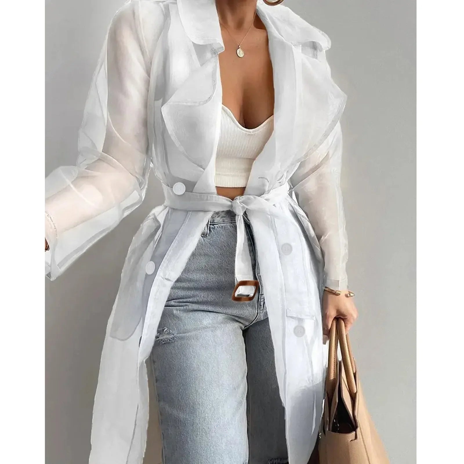 Women Organza See Though Sunscreen Long Sleeve Trench Summer Autumn Fashion Double Breasted Long Coat With Belted Tops Outwear