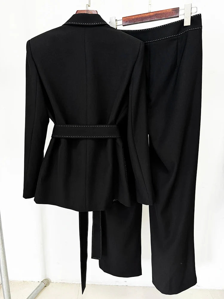 HIGH STREET Newest Fashion 2026 Designer Suit Set Women's Contrast Stitching Belted Blazer Pants Suit 2pcs