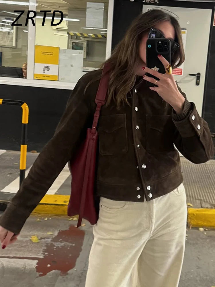 Street Women's Short Brown Suede Jacket Lapel Single Breasted Full Sleeve Pocket Female Coats 2025 Autumn Lady Commute Outerwear