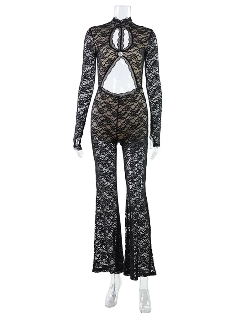 Solid Lace Jumpsuits For Women Fashion Sexy Club Long Sleeves O-Neck Hollow Out See Through Romper Female Streetwear Slim Fit