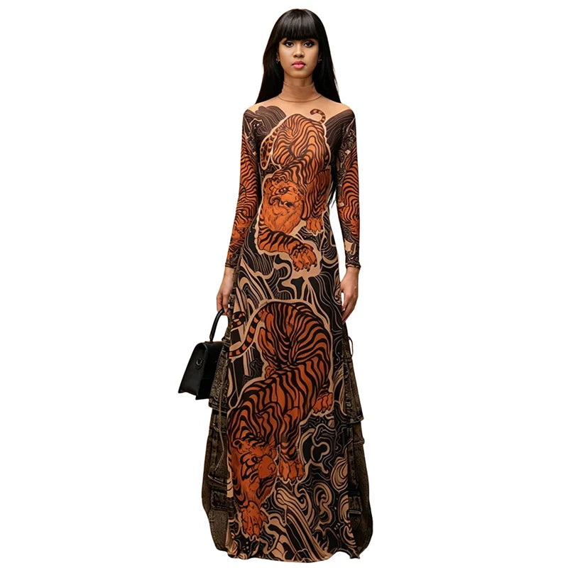 Weird Puss See Through T-Shirts Women Tiger Print Long Sleeve High Neck High Slits High Elastic Skinny Trend Street Hipster Tops