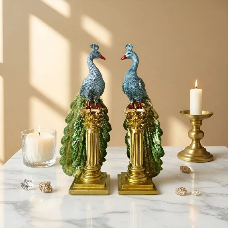 A pair of exquisite peacock ornaments standing on Roman columns add an artistic touch to the home.