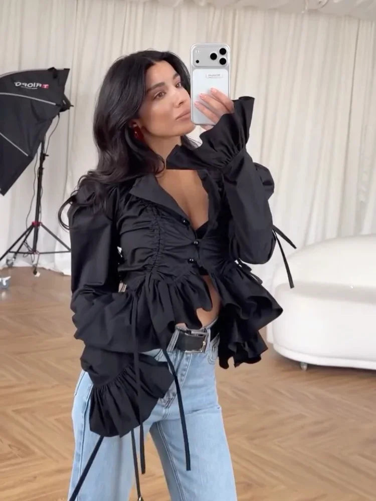 Women Fashion Slim Shirt Classic Solid Single Breasted O-neck Lace-up Full Sleeve Ruffled Blouse 2026 Chic Spring Commute Tops