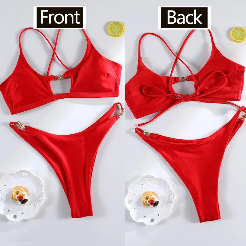 Miyouj Bandage Swimwear Summer Swimsuit High Cut Bikini Set Solid Sexy 2-Piece Suit New Bathsuit Hollow Out Thongs Beachwear