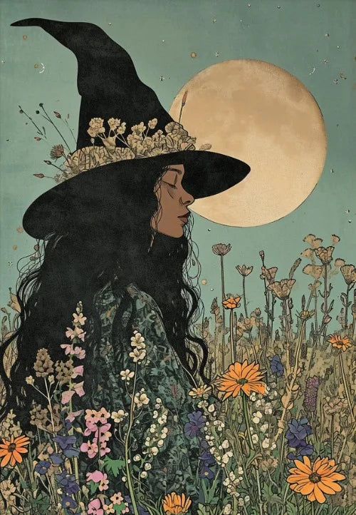 Witch Magical Art Print Witch with Full Moon Wall Decor Darkness Witches Painting Wall Decor Canvas Poster Dark Romantic Decor