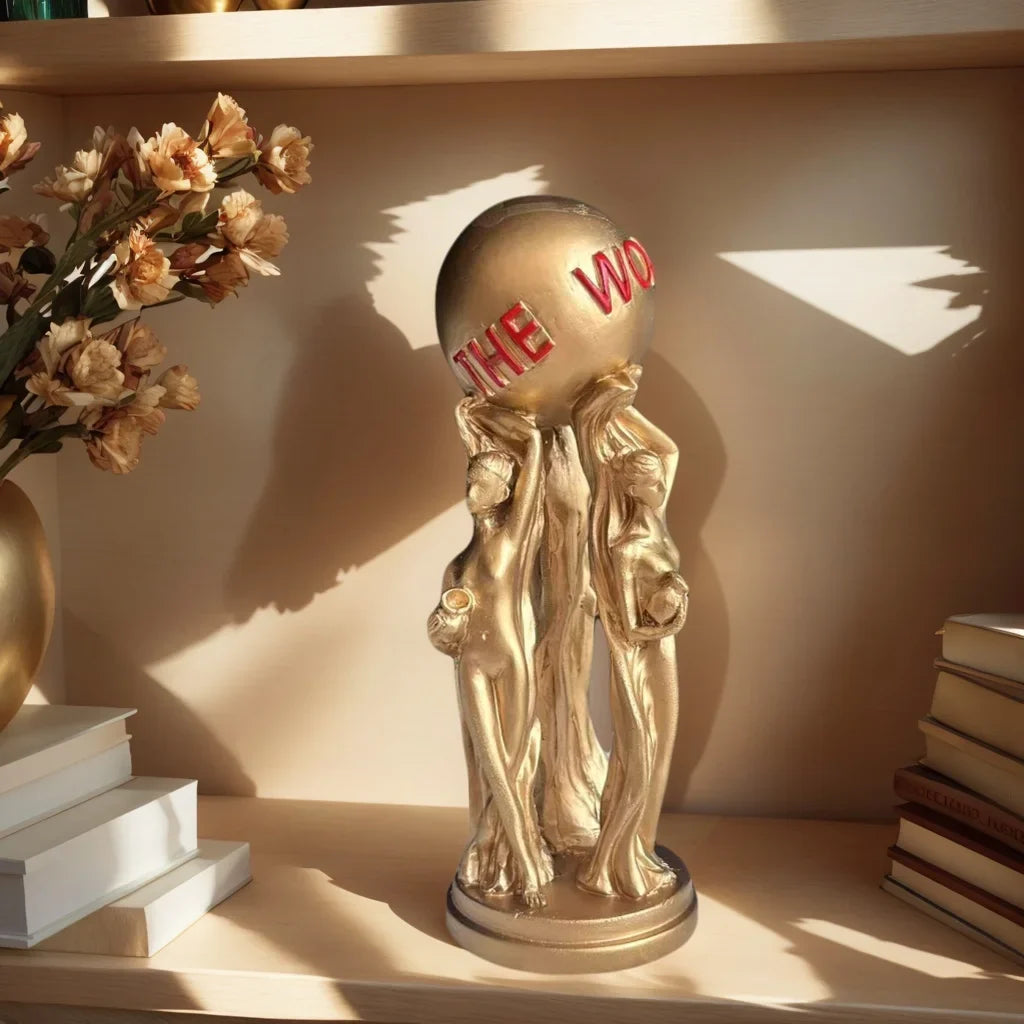 1 Piece of Light Luxury Three-Person Ball-Holding Art Ornament, Golden Texture, Ball Engraved with the World Is Yours, Inspirational Atmosphere Display Piece for Living Room Tabletop