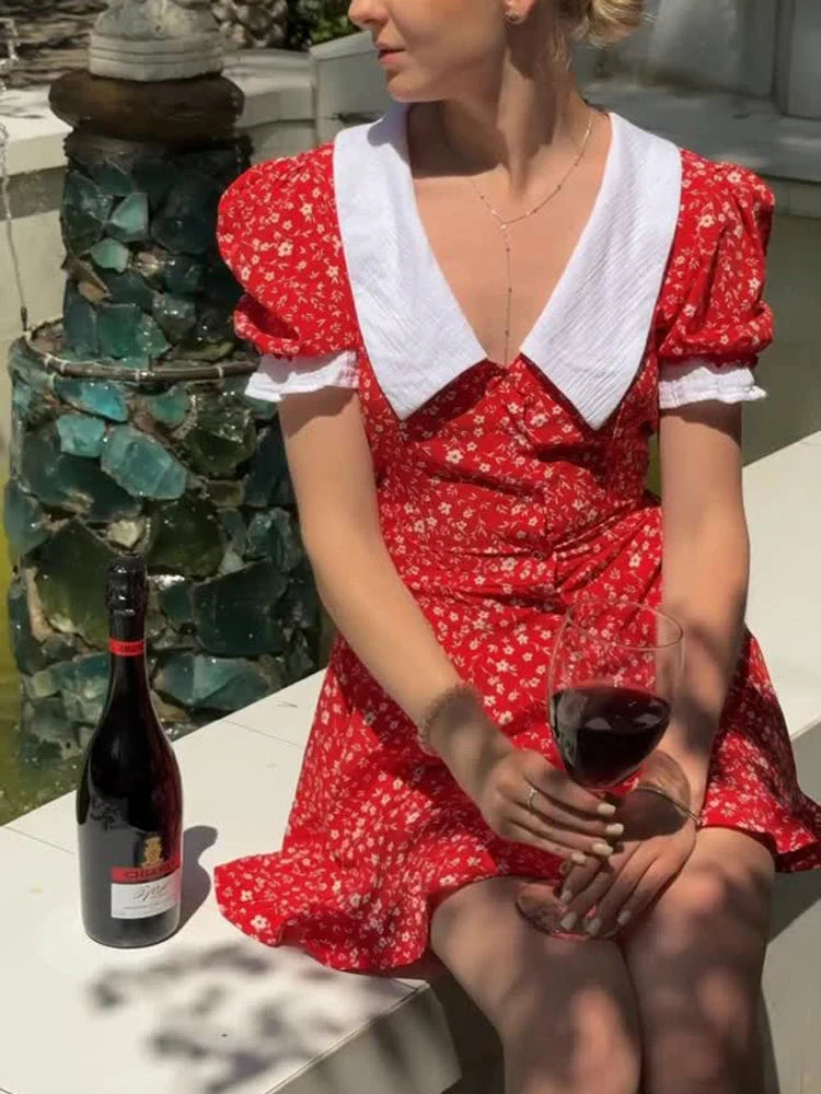 Women Sweet Floral Print Short Dress Elegant V Neck Puff Sleeves Layered Ruffles Vestidos 2026 Summer Female Party Chic Dresses