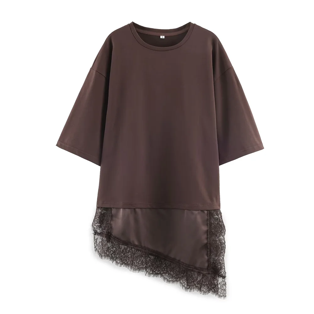 2025 Winter New Product Women's Slim Straight Round Neck Short Sleeve Asymmetric Hemp Splicing Lace T-shirt