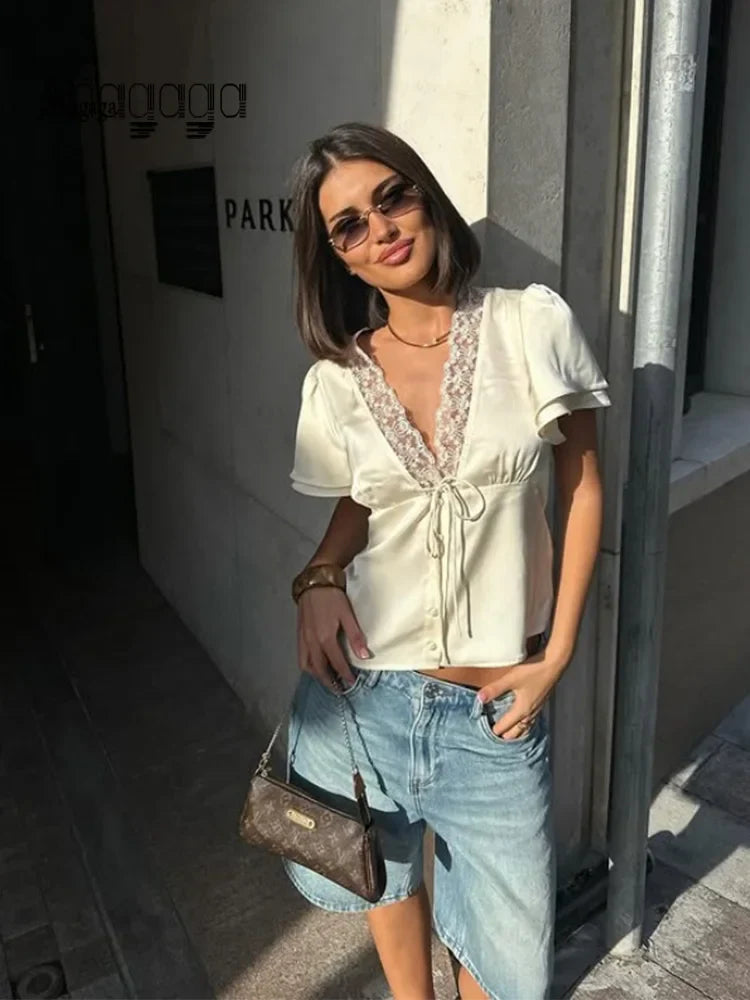 Ahagaga Causal Women Tops Solid Lace -Neck Short Sleeves Satin Slim Button Regular Eelgant Streetwear Tees Female Basic T Shirts