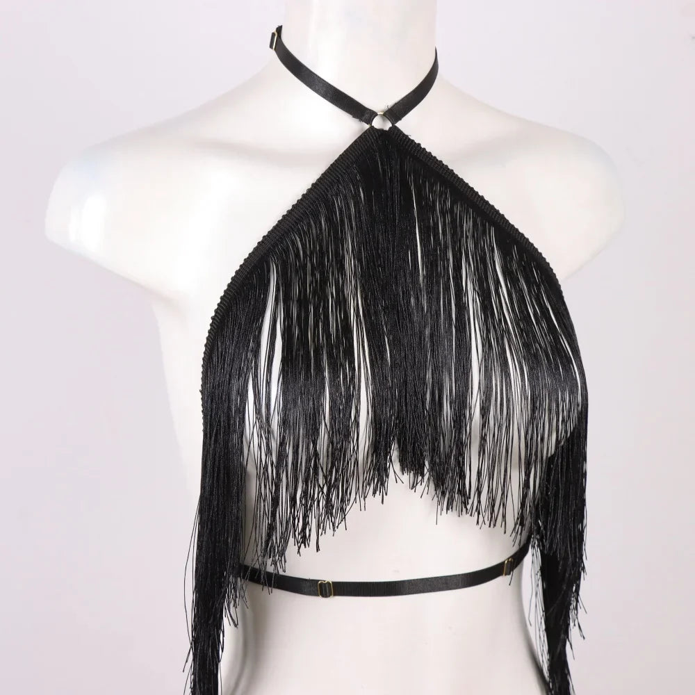 Women'S Black Tassel Halter Top-Adjustable Elastic Harness, All-Season Wear, Casual Attire Top,Tassel Detail Top
