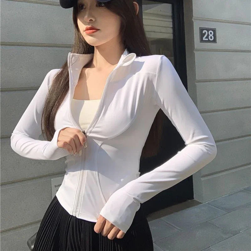 2026 Summer Slim Fit Long Sleeve T Shirt Women Wild Zipper Up Waist Slimming Yoga Tshirt Woman Tight UV Protection Crop Tops