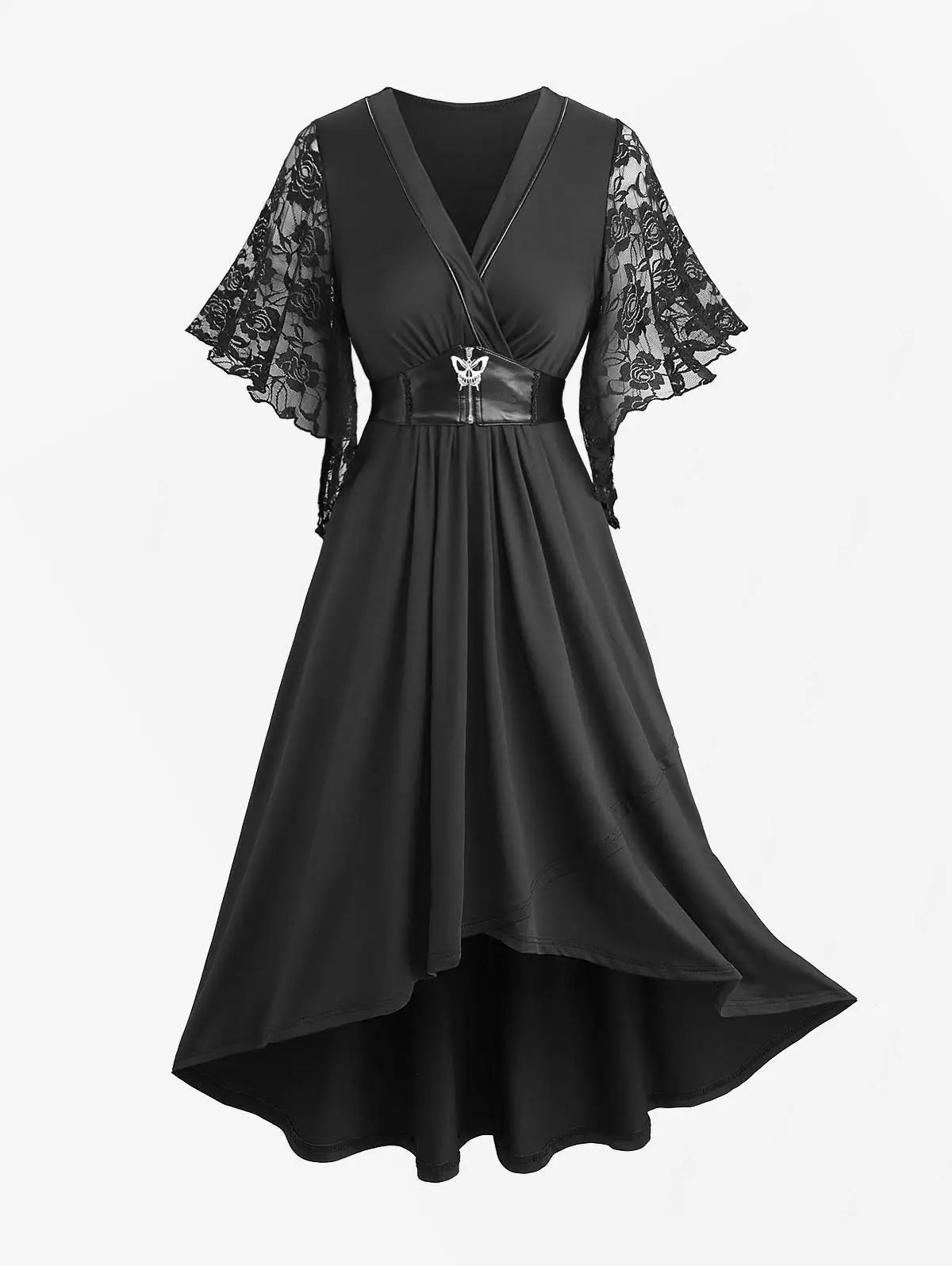 ROSEGAL Plus Size Flower Lace High Low Dress With Butterfly Zipper Belt Women Spring Summer Black Corset Party Dress Vestidos 5X