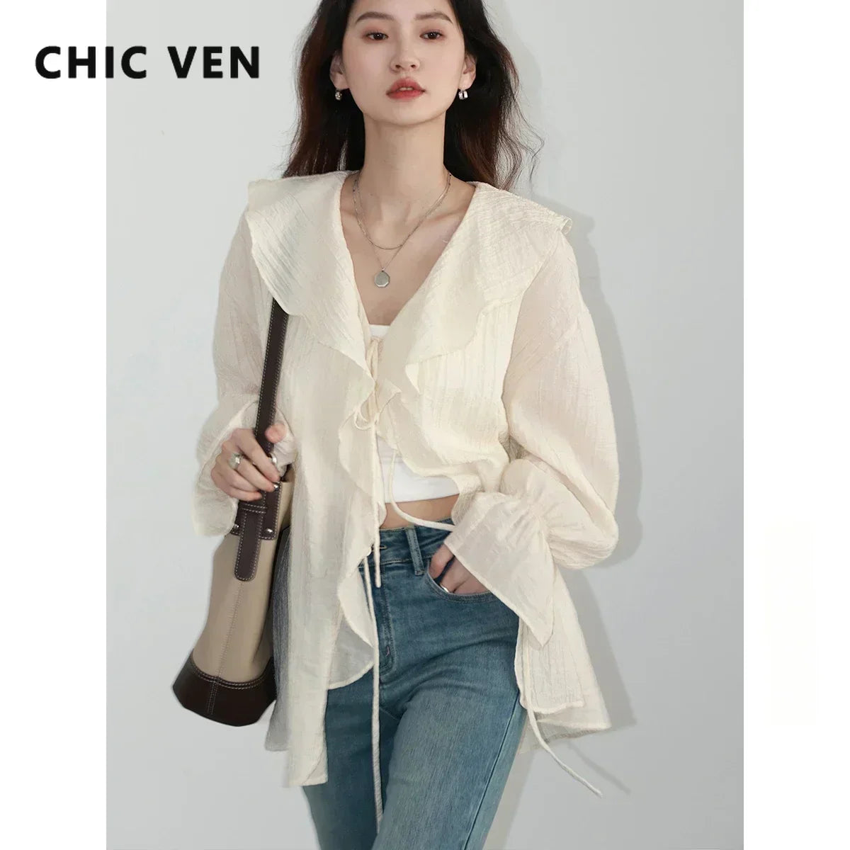 CHIC VEN Women Shirt Loose Casual Ruffled Edges Female Blouses V Neck Lace Up Mid Length Woman Shirts Spring Summer 2026