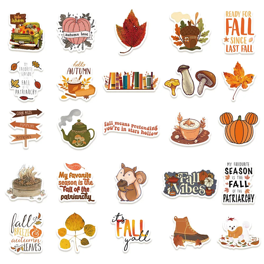 50PCS Fall Cartoon Stickers Notebook Computer Handbook Guitar Skateboard Decorative Stationary Stickers
