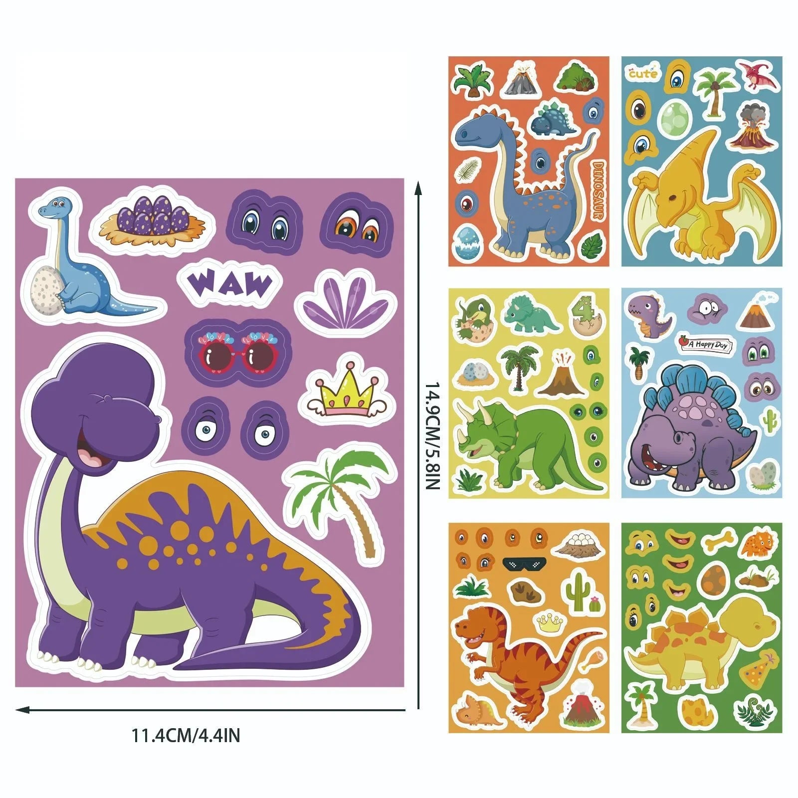 8/16/24PCS Cute Dinosaur Puzzle Stickers, Face Stickers Handmade DIY Creative Personalized Decoration Waterproof Sticke