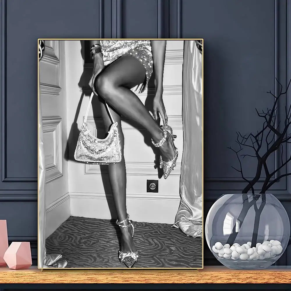 Modern Luxury Fashion Black White Art Heels Champagne Retro Poster Sticky Wall Art Printing Waterproof Home Living Bed Room Bar