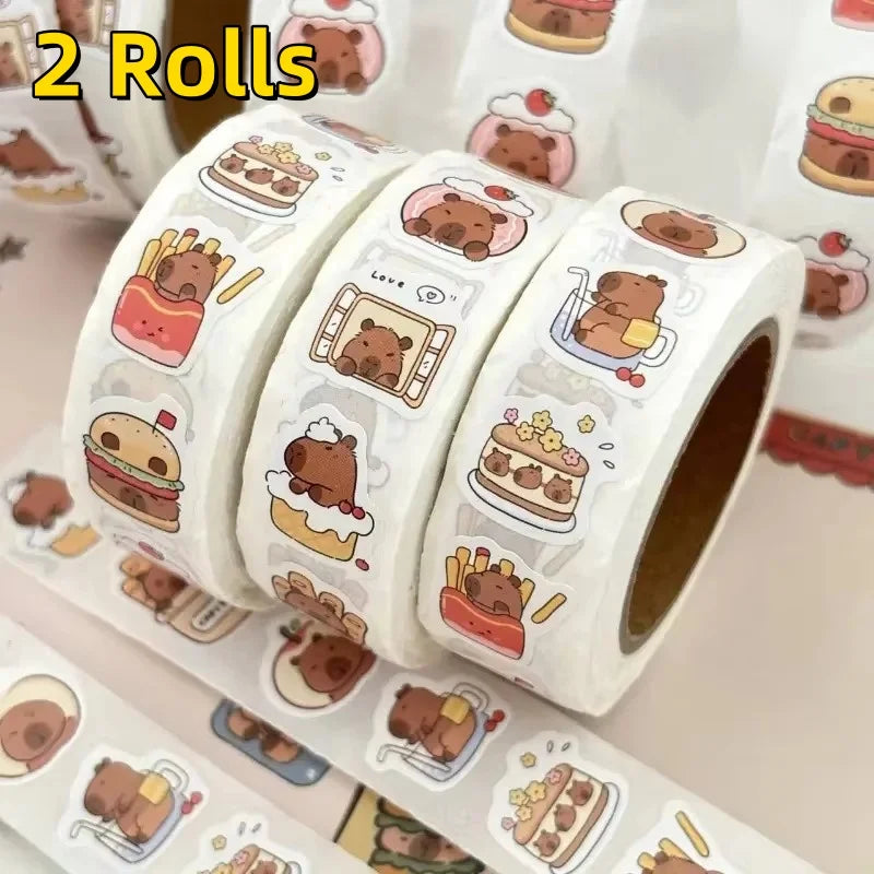 500Pcs Capybara Stickers Roll Waterproof PVC Self-Adhesive Decals Cute Animal & Food-Themed Perfect for Laptops Scrapbook Phones