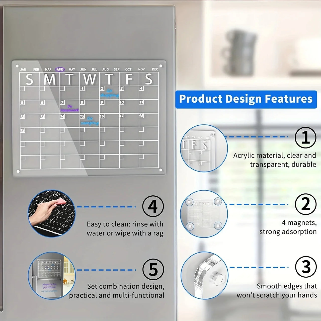 Premium Fridge Board – Clear Acrylic Weekly/Monthly Calendar, Dry/Wet-Erase Memo & Note Organizer