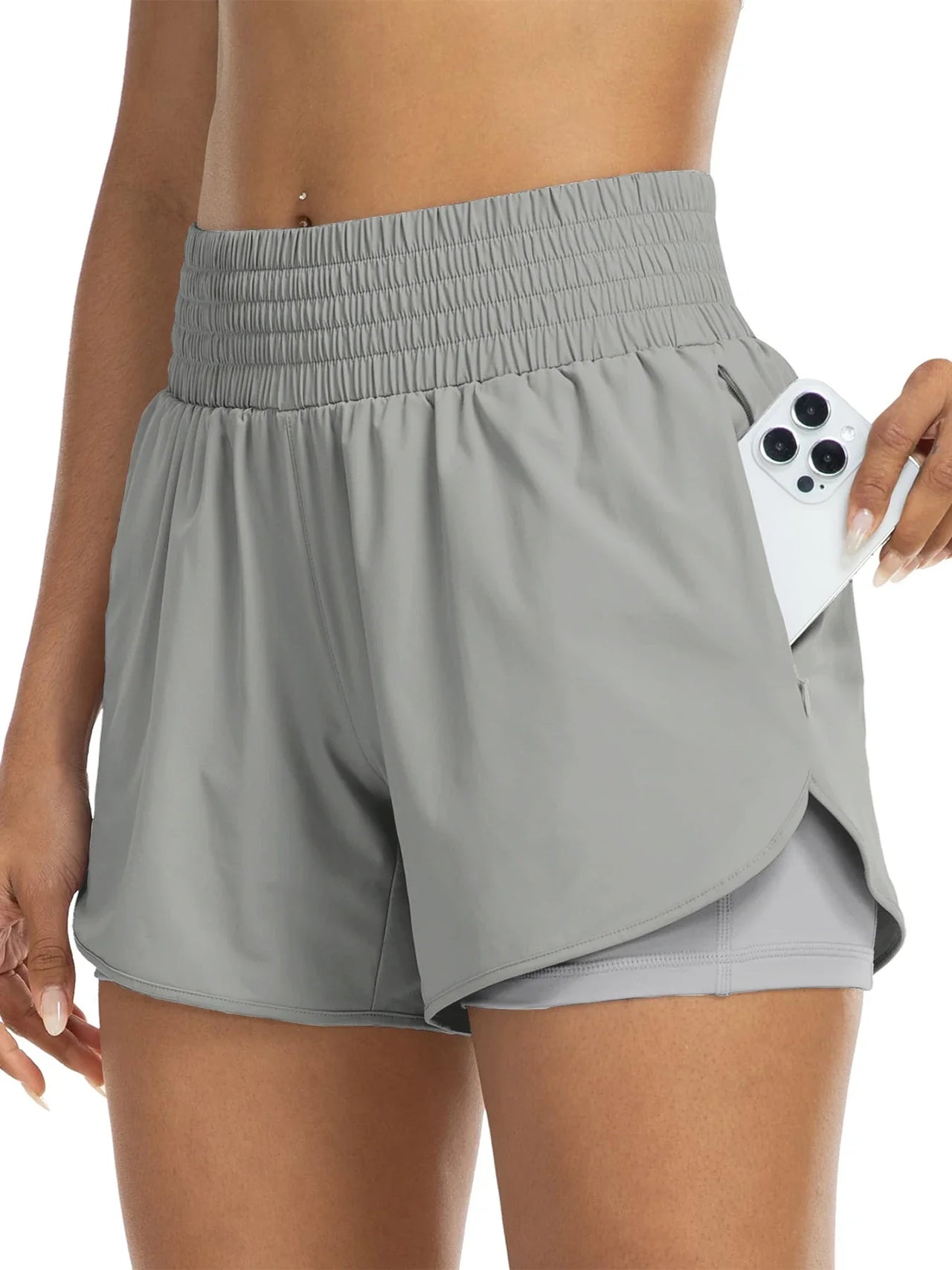 Women's high-waisted athletic shorts for running, yoga, layered design, anti-exposure, fitness, and workout with pockets