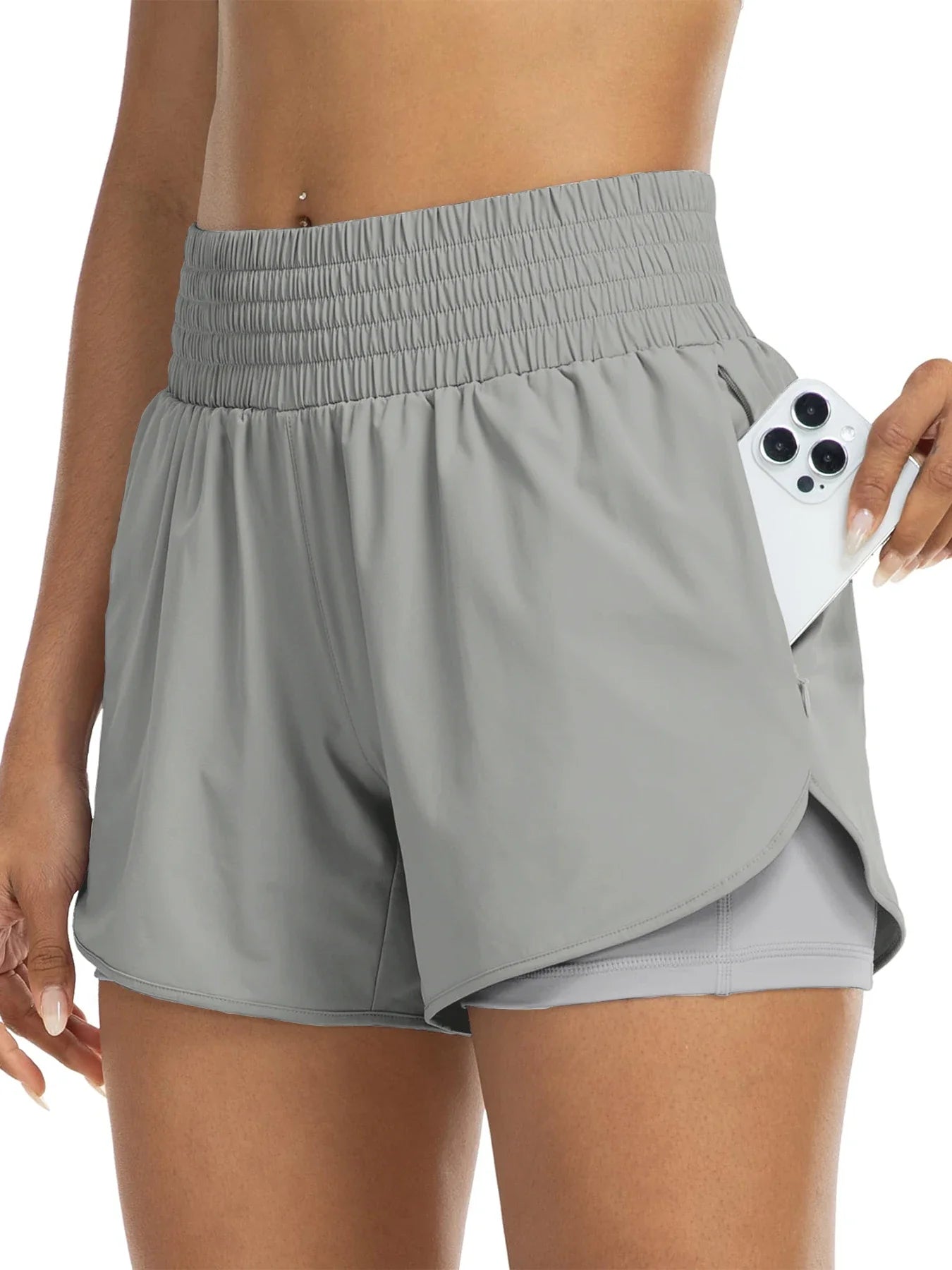 Women's high-waisted athletic shorts for running, yoga, layered design, anti-exposure, fitness, and workout with pockets