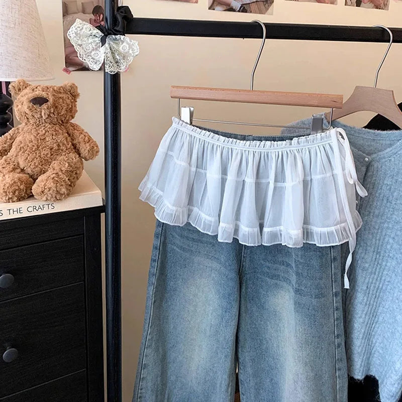 Solid Harajuku White Beige Mesh Lace Skirt Y2k Korean Girl Stacked Skirt Chic Apron Wrap Skirt Lace Up Matching Pants Streetwear