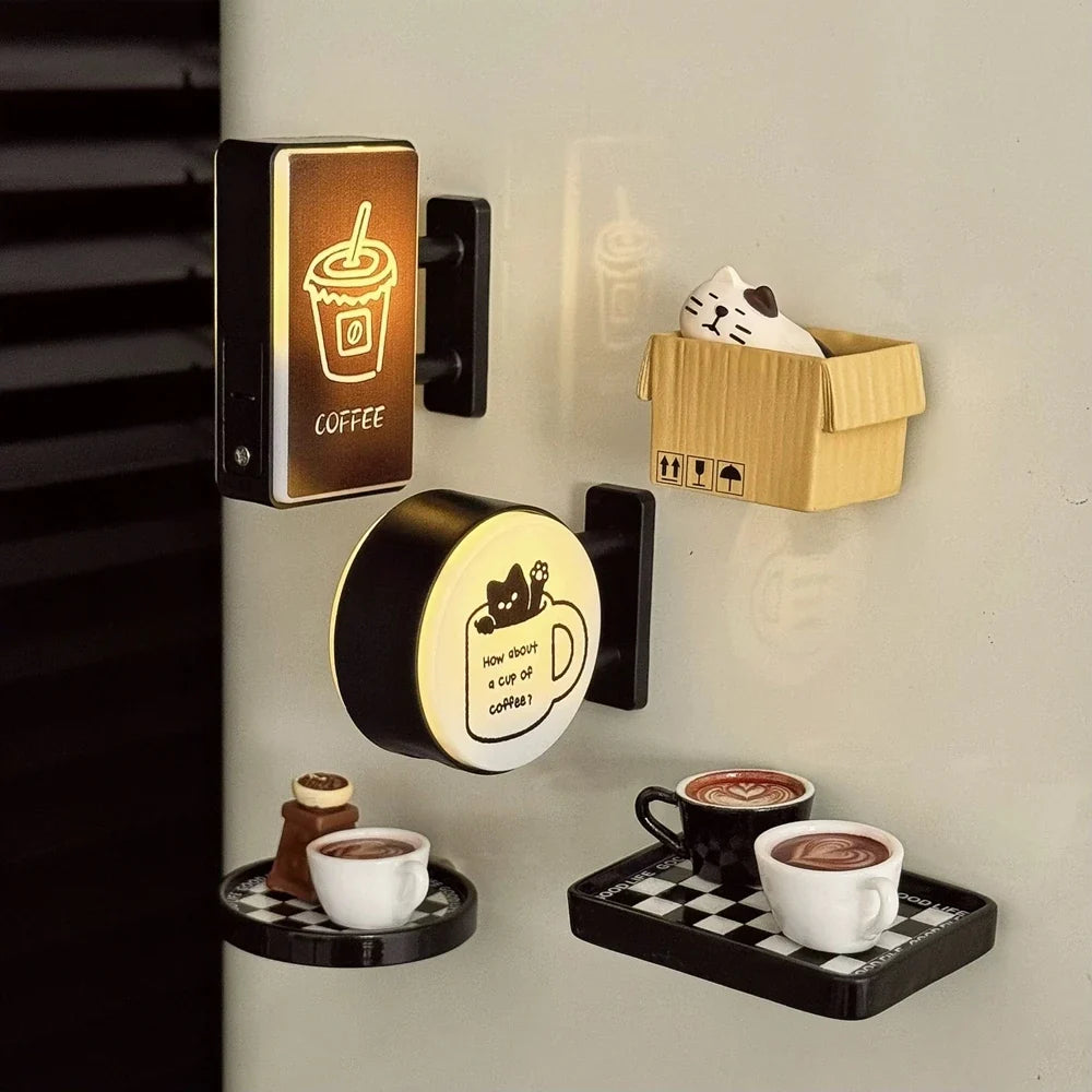 Retro Coffee Corner Refrigerator Magnet Light Fridge Magnet Magnetic Home Miniature Pegboard Coffee Shop Glowing Decoration