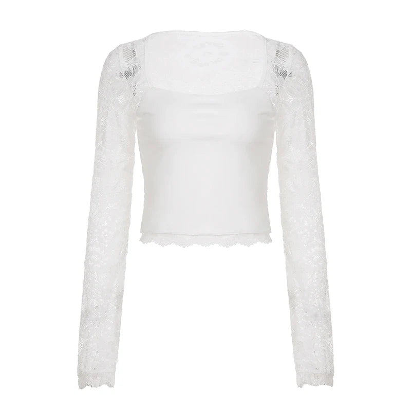 SUCHCUTE Lace-trimmed Patchwork Long-sleeve Tees Women Square Neck See-through Back Top Y2k Aesthetic 90s Sexy T-shirts Vintage