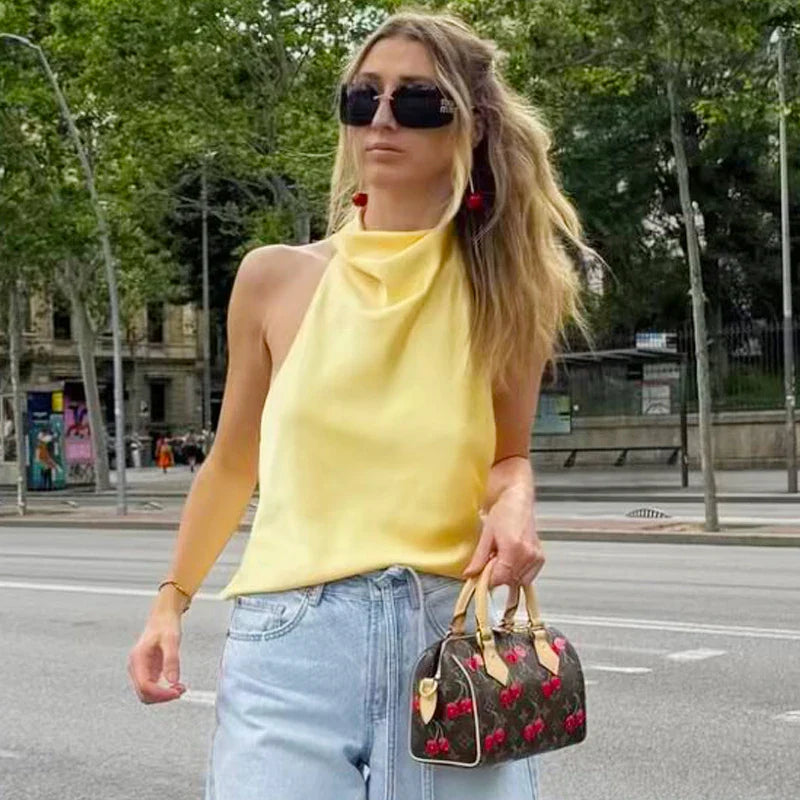 HXAO Top Women Halter Satin Women Tops Backless Corset Top Vest Yellow Pink Black Summer Elegant Sexy Tops Tank Vestidos