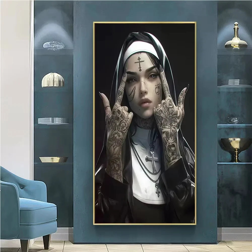 Sexy Tattoo Machine Gun Nun Poster Print Christian Smoking Nun Canvas Painting Living Room Background Wall Home Decoration