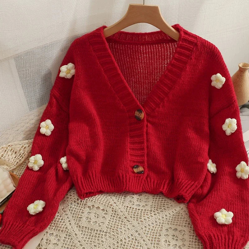 2026 New Spring Autumn Colourful Applique Flower Cardigan for Women Cute Long  V-neck Knit Crop Sweater Girl Soft Knitwear