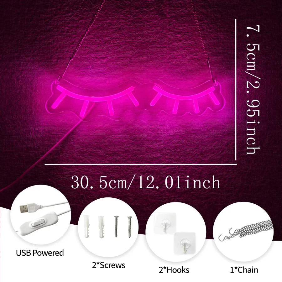 Pink Eyelash Led Neon Sign, Suitable For Eyelash Room Decor, Art Wall Lamp In Dressing Room And Beauty Salon, Powered By Usb.