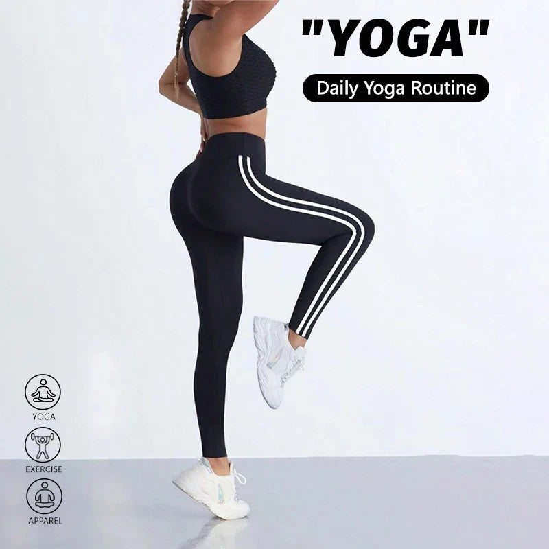 Womens High Waist Striped Yoga Leggings Butt Lifting Stretchy Breathable Tummy Control Soft Workout Pants for Gym Running