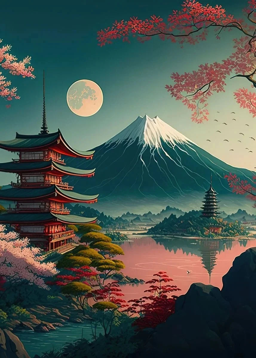 Japanese Cherry Blossom Fuji Mountain Sunset Tokyo Scenery Poster HD Printed Canvas Painting Wall Art Pictures Room Home Decor
