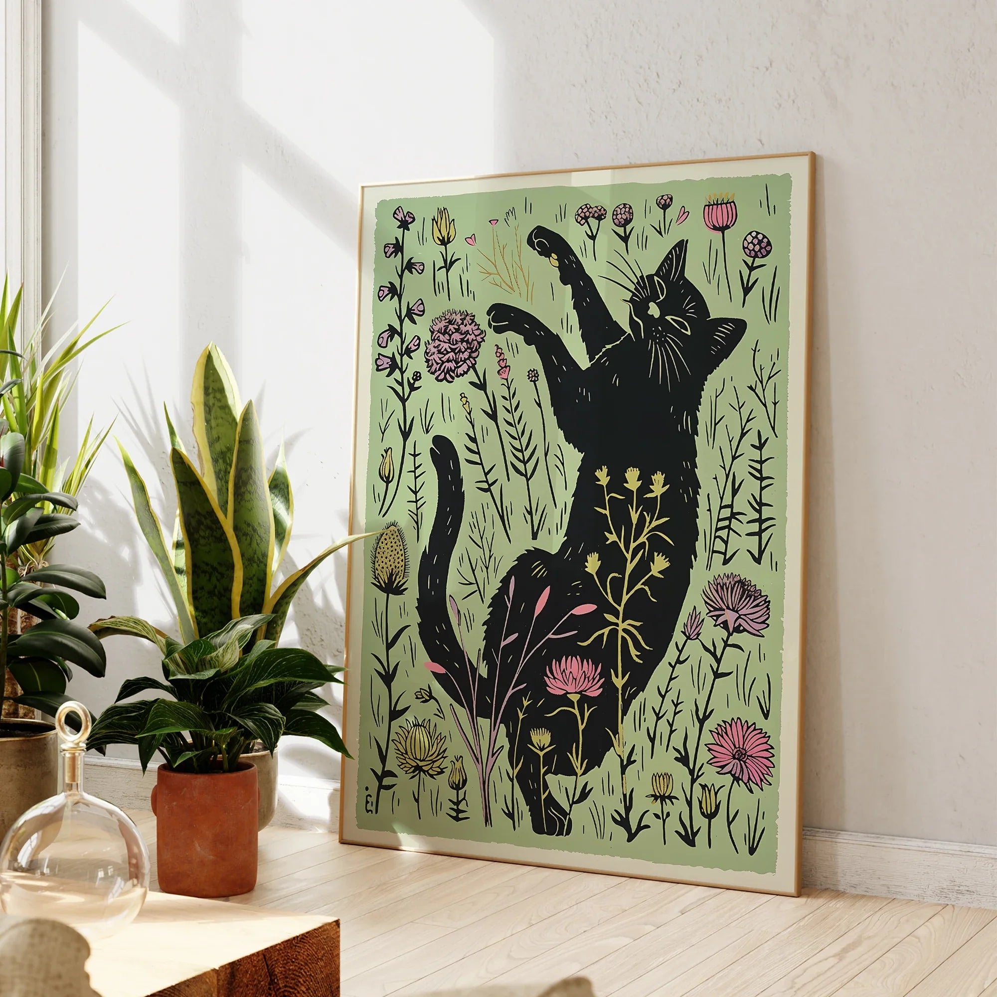 Modern Cute Black Cat With Flowers Lllustration Wall Art Prints Canvas Painting Poster Picture For Living Room Home Decor