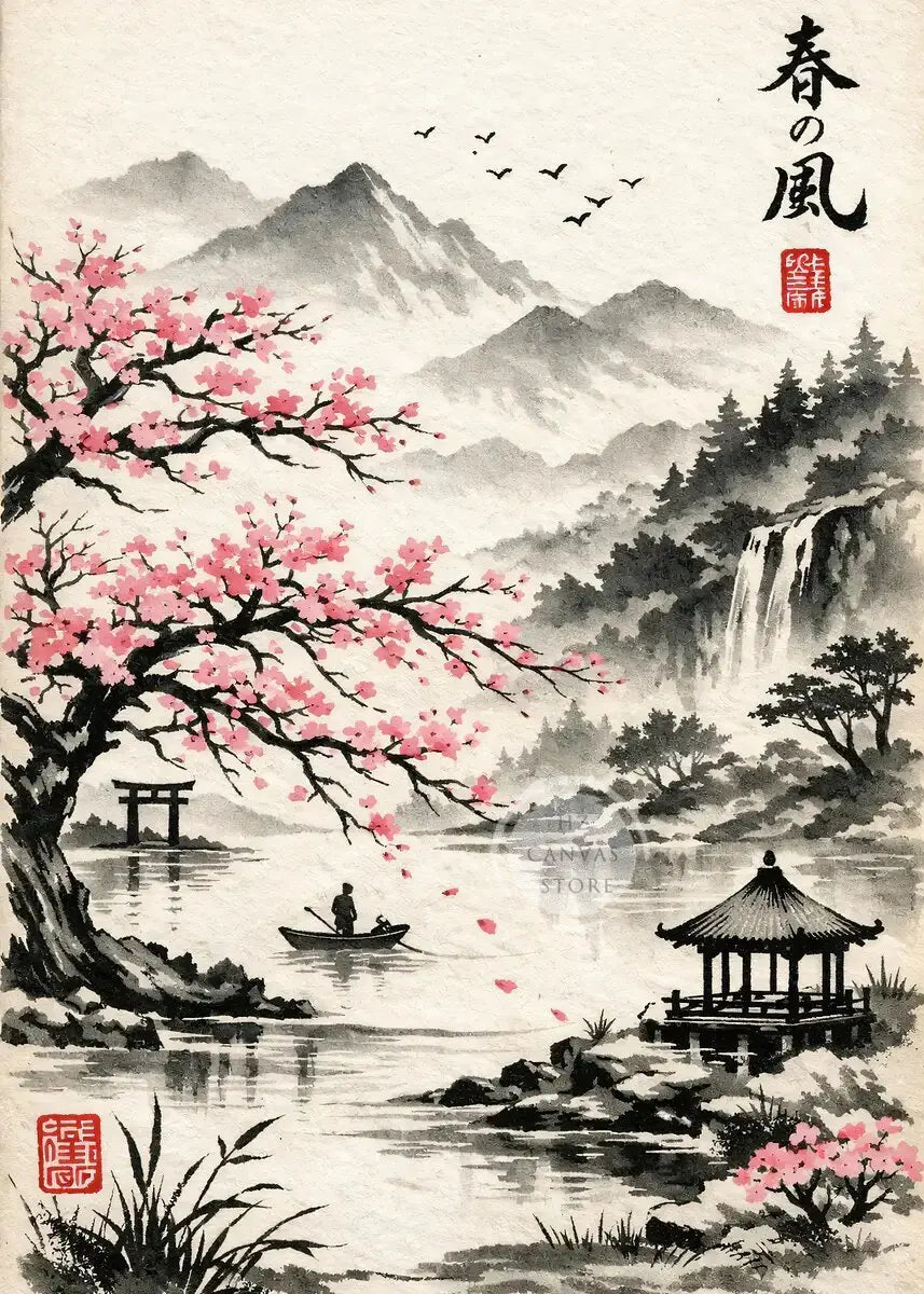 Japanese Ink Painting Landscape Spring Cherry Blossoms Canvas Print Asian Style Wall Art Poster for Living Room Home Decor Gift