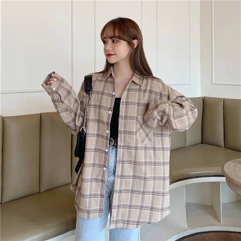 Xpqbb Vintage Women Plaid Shirts Autumn Long Sleeve Oversize Button Up Blouses Female Streetwear Loose Casual Shirts Femme Coat