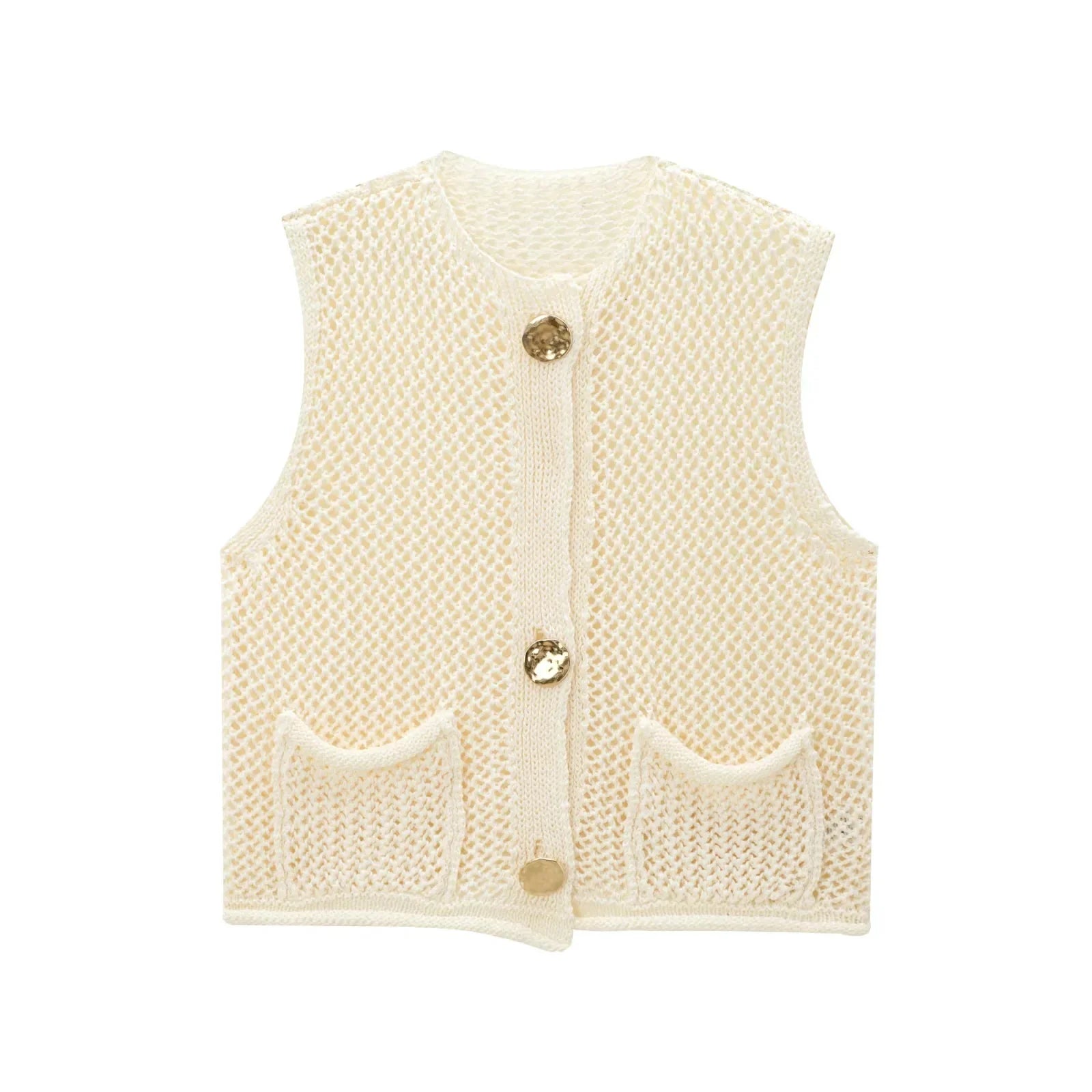Women Fashion Sleeveless Coarse Needle Knitting Vest Sweater Female Chic Big Pockets Patch Buttons Cardigan Waistcoat Tops