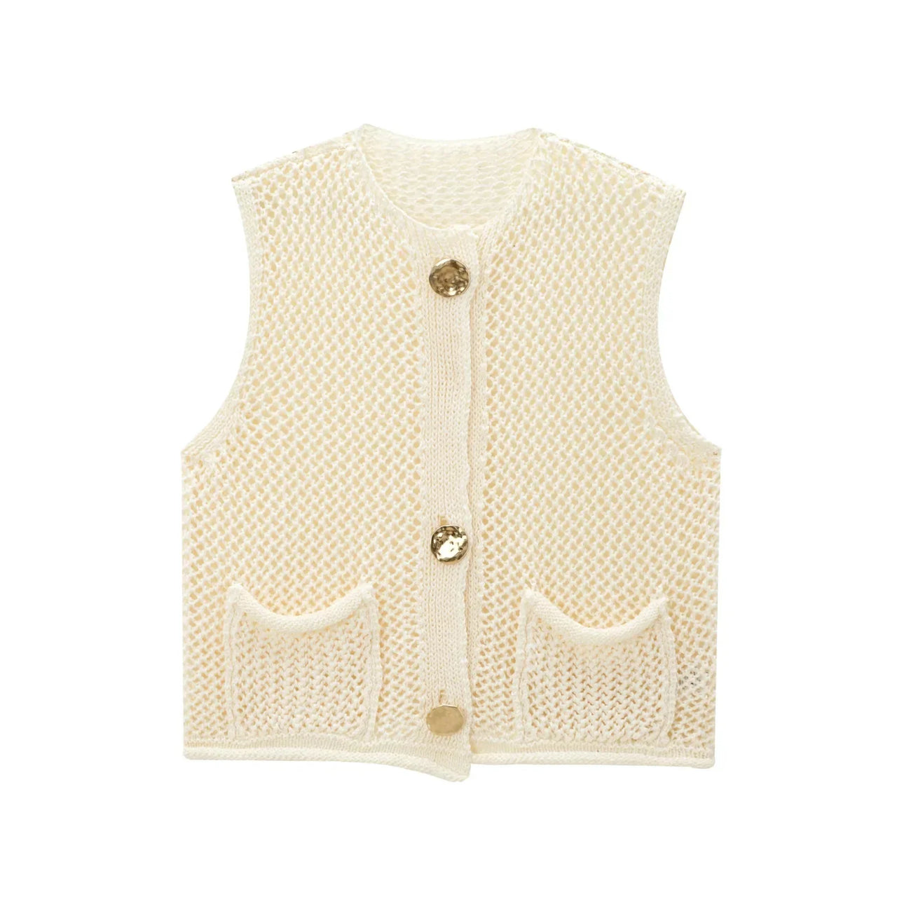 Women Fashion Sleeveless Coarse Needle Knitting Vest Sweater Female Chic Big Pockets Patch Buttons Cardigan Waistcoat Tops