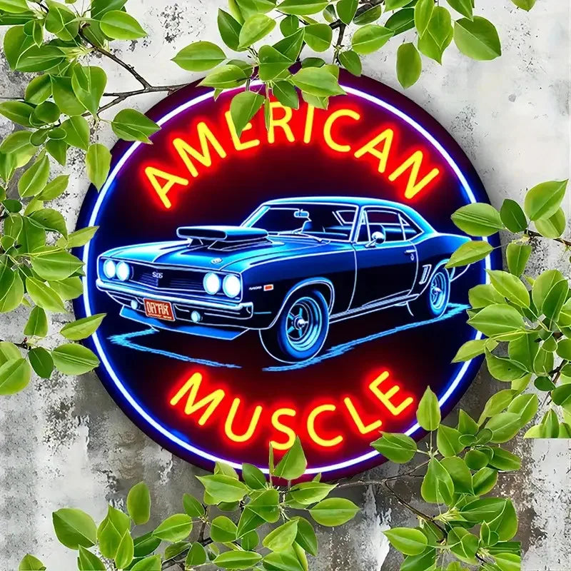 1pc Vintage-Inspired American Muscle Car Neon Sign Round Aluminum Wall Art With Sleek Edges, Bright Red & Blue, Perfect For Cafe