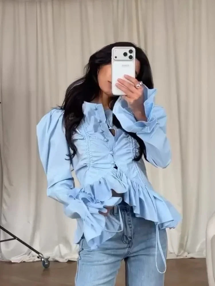Women Fashion Slim Shirt Classic Solid Single Breasted O-neck Lace-up Full Sleeve Ruffled Blouse 2026 Chic Spring Commute Tops