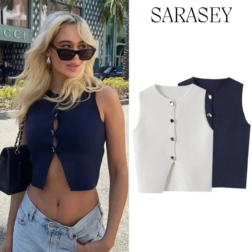 Ropa Mujer Winter 2025 New Outerwear Knit Vest Sleeveless Cropped Woman White Vest Asymmetrical Slim Sweater Vests Tops кардиган