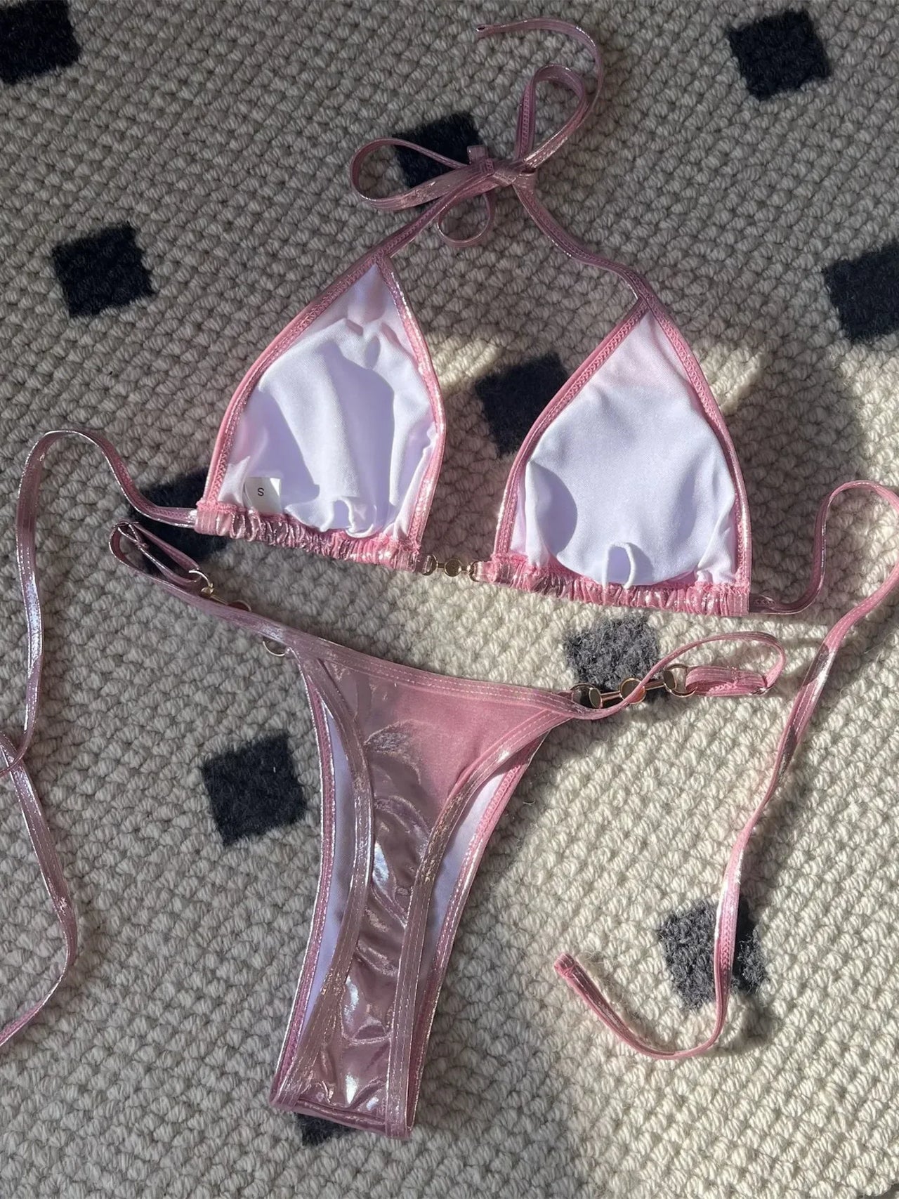 Shiny Pink Micro Bikini 2026 Mujer Women Sexy PU Pearls Push Up Thong Swimsuit Summer Bathing Suit Bandage Holiday Swimwear