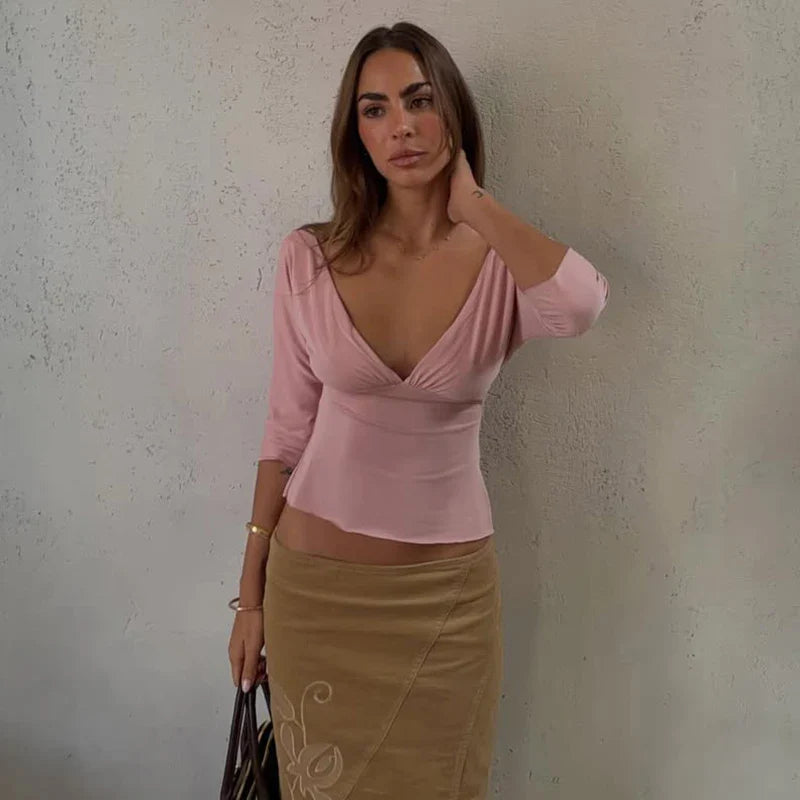 Sexy V-Neck T-shirts Women Tops Summer Long Sleeve Slit Solid Pullover Slim-Fit Chic High-Street 2026 Female Shirts Tee Tops