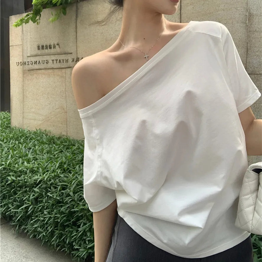 2026 Summer Off Shoulder T-shirt Women Sexy Y2K Korean Fashion Crop Tops Woman Vintage Japanese White Tee Shirt Femme Clothes