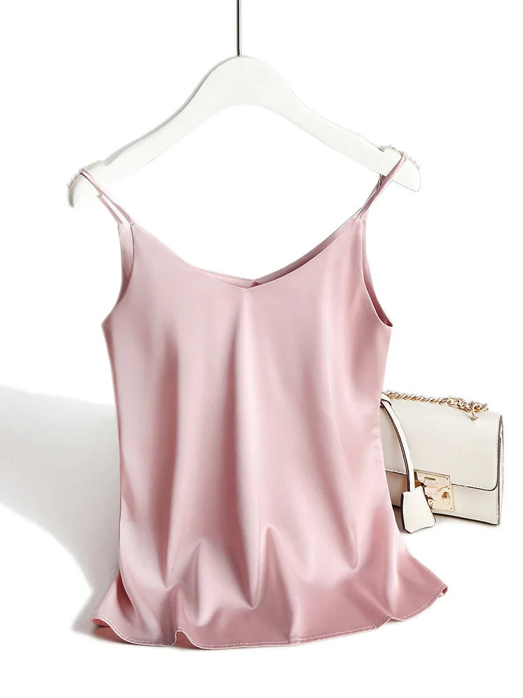 AOSSVIAO 2026 Spaghetti Strap Top Women Halter V Neck Basic White Cami Sleeveless Satin Silk Tank Tops Women'S Summer Camisole