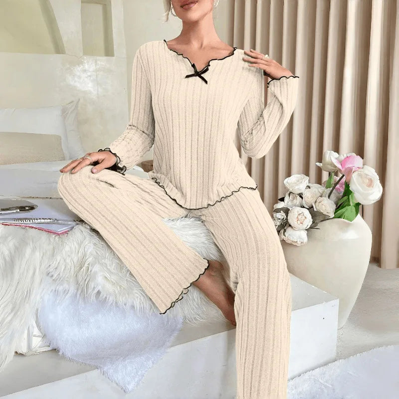 Flannel Warm Sleepwear Women Casual Pajamas Set Long Sleeve T-shirt Top and Trousers Set Homewear Autumn Winter Loungewear