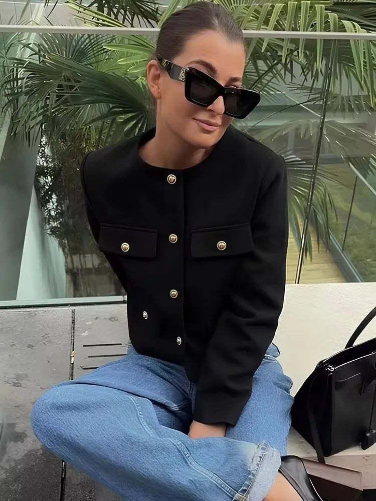 HH Women Vintage Solid Coat Button Long Sleeve O Neck Jacket With Pocket 2024 Spring Elegant Female Casual Outerwear Jakcet