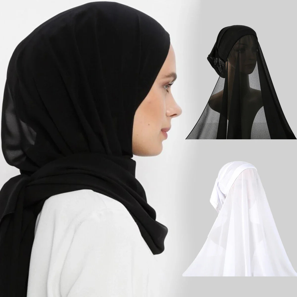 New Plain Instant Hijab Bubble Chiffon With Modal Tube Cap Set Muslim Woman Hijab Innerscarf Casual Long Scarf Islamic Turban