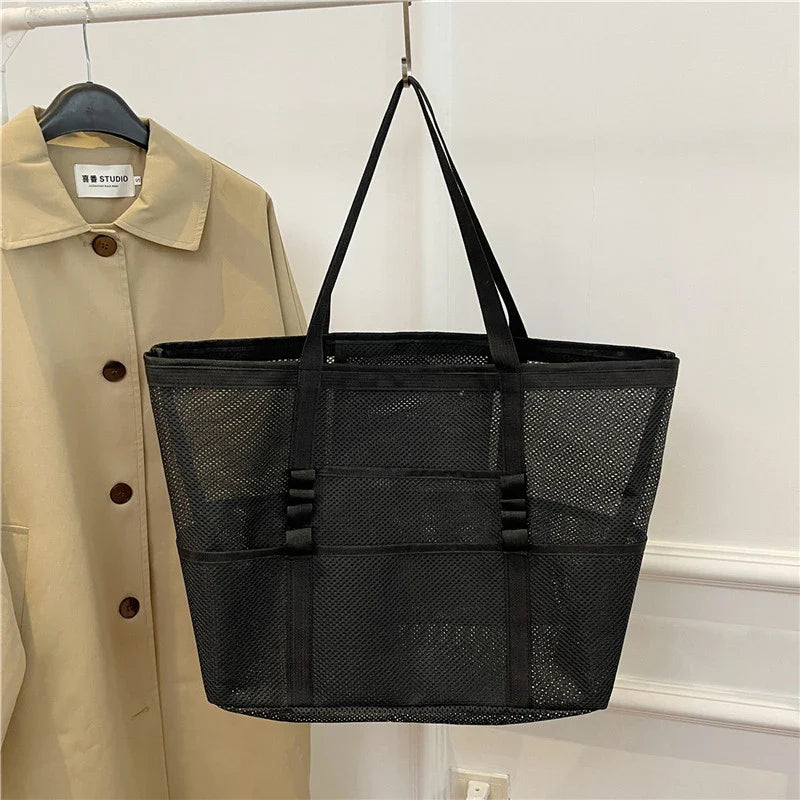 Portable Mesh Beach Bag For Women Makeup Travel Storage Wash Bag Summer Travel Swimming Bath Bag Organizer Shopper Totes
