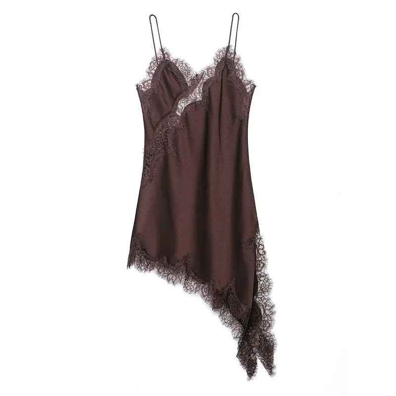Satin Sexy Lace Spliced Short Sling Dress Women Sleeveless Backless Asymmetric Sexy Party Dresses 2026 Summer Lady Dress ﻿